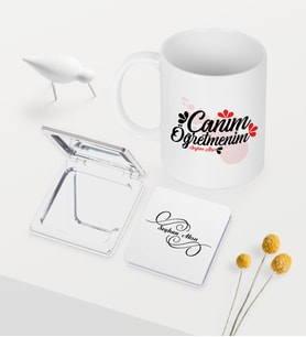 BK Gift Kişiye Özel Canım Öğretmenim Temalı Beyaz Kupa Ayna Seti - 3