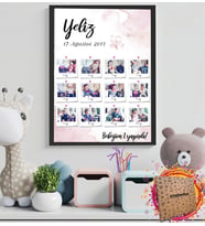Kişiye Özel 12 Fotoğraf Baskılı-Mesajlı Pembe Bebek Tasarımlı Fotoğraf Çerçevesi (Siyah)