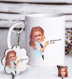 BK Gift Kişiye Özel Kız İlkokul Öğrenci Karikatürlü Beyaz Kupa ve Anahtarlık Hediye Seti-3 (Model 1)
