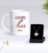 BK Gift Kişiye Özel Çiçek Temalı Harf Kupa ve Papatya Kolye Hediye Seti-28 (Model 1)