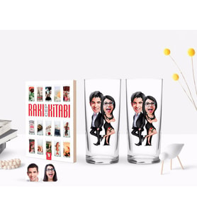 BK Gift Kişiye Özel Renkli Baskılı Sevgililer Karikatürlü İkili Rakı Bardağı ve Rakı Cep Kitabı Hediye Seti-6 (Model 1)