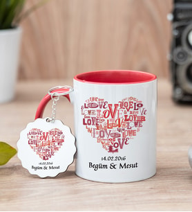 Love Tasarım Hediyelik Kırmızı Kupa Bardak Ve Anahtarlık Set