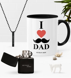 BK Gift Kişiye Özel Babamı Seviyorum Siyah Kupa Benzinli Çakmak Kolye Seti (Model 1)