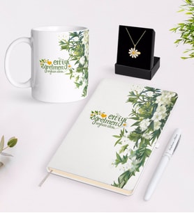 BK Gift Kişiye Özel Papatya Temalı En İyi Öğretmen Beyaz Kupa Defter Kalem ve İsimli Papatya Kolye Hediye Seti-5 (Model 1)