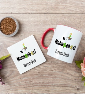 Muhasebeci Kırmızı Kupa Bardak Ve Bardak Altlığı Seti