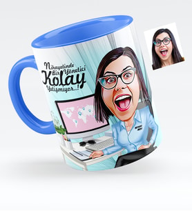 BK Gift Kişiye Özel Bayan Genel Müdür Karikatürlü Mavi Kupa Bardak  1