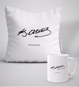 BK Gift Kişiye Özel Atatürk İmzalı Beyaz Yastık Kupa Seti-1 (Model 1)