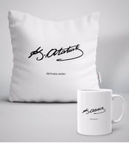BK Gift Kişiye Özel Atatürk İmzalı Beyaz Yastık Kupa Seti-1 (Model 1)