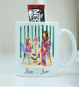 Kişiye Özel Kupa Bardak Anne ve Kız Desenli - Nescafe Hediyeli