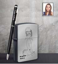 Kişiye Özel Yılbaşı Bayan Karikatürlü Siyah Çakmak Kalem Hediye Seti Model-7 (Model 1)