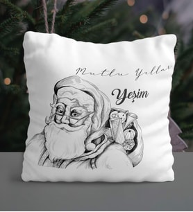 Kişiye Özel Mutlu Yıllar Noel Baba Tasarımlı Saten Yastık (Beyaz)
