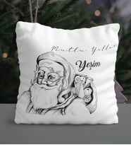 Kişiye Özel Mutlu Yıllar Noel Baba Tasarımlı Saten Yastık (Beyaz)
