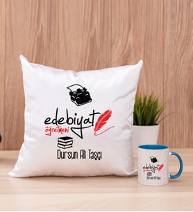 Edebiyat Öğretmeni Kare Yastık ve Mavi Kupa Bardak