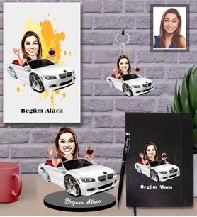 Kişiye Özel Sürücü Karikatürlü 5 li Hediye Seti Bayan-2