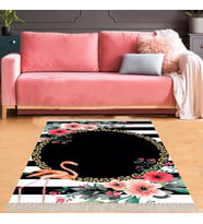 Flamingo Çiçek Desenli Çerçeveli Dijital Baskı Yıkanabilir Kaymaz Taban Modern Salon Halısı (Siyah - Beyaz)