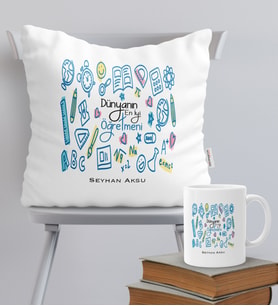 BK Gift Kişiye Özel Dünyanın En İyi Öğretmeni Temalı Yastık Kupa Seti - 19
