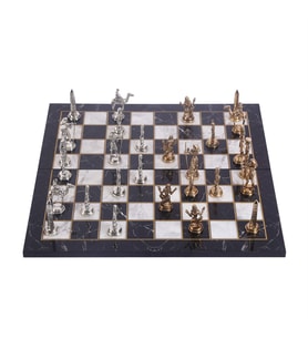 Metal Mısır Satranç Takımı Parlak ve Katlanır Mermer Desenli MDF Ahşap Satranç Tahta (43x43 cm.) (Çok Renkli)