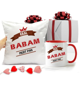 Babaya Hediyelik Kırmızı Kupa Bardak ve Yastık (Kırmızı-Beyaz)