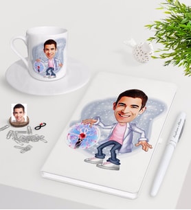 BK Gift Kişiye Özel Erkek Elektrik Mühendisi Karikatürlü Beyaz Defter Kalem Türk Kahvesi Fincanı Seti-1 (Model 1)