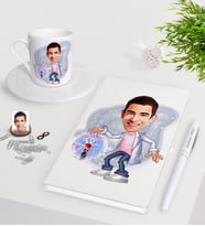 BK Gift Kişiye Özel Erkek Elektrik Mühendisi Karikatürlü Beyaz Defter Kalem Türk Kahvesi Fincanı Seti-1 (Model 1)