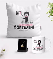 BK Gift Kişiye Özel Matematik Öğretmeni Beyaz Kupa Yastık ve İsimli Papatya Kolye Hediye Seti-1 (Model 1)