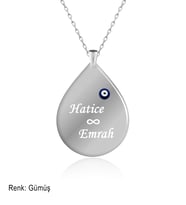 Kişiye Özel İsimli Nazar Damla Plaka Beyaz Gümüş Kolye