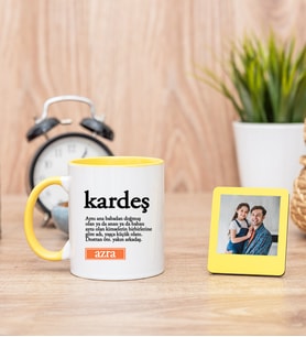 Kardeş Kelime Anlamı Sarı Kupa Bardak ve Sarı Mini Fotoğraf Çerçevesi