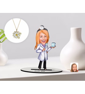 BK Gift Kişiye Özel Kadın Diş Hekimi Karikatürlü 3D Ahşap Biblo ve İsimli Tarihli Papatya Kolye Seti-1 (Model 1)