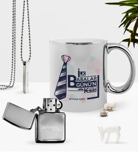 BK Gift Kişiye Özel İlk Babalar Günün Kutlu Olsun Krom Kupa Benzinli Çakmak Kolye Seti-3 (Model 1)