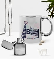 BK Gift Kişiye Özel İlk Babalar Günün Kutlu Olsun Krom Kupa Benzinli Çakmak Kolye Seti-3 (Model 1)