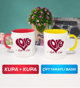İkili Love Tasarımlı Sevgililer Günü Hediyesi Kupa Bardak Kırmızı Sarı