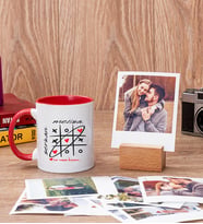 Aşk Her Zaman Kazanır Kırmızı Kupa Bardak ve Ahşap Standlı Polaroid Set
