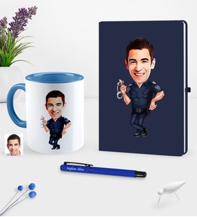 BK Gift Kişiye Özel Bay Polis Karikatürlü Lacivert Defter Kalem Kupa Seti - 2 (Model 1)