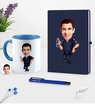 BK Gift Kişiye Özel Bay Polis Karikatürlü Lacivert Defter Kalem Kupa Seti - 2 (Model 1)