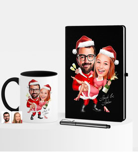 BK Gift Kişiye Özel Yılbaşı Sevgililer Karikatürlü Siyah Defter Kalem Kupa Seti - 2