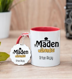 Maden Mühendisi Kırmızı Kupa Bardak Ve Anahtarlık Set