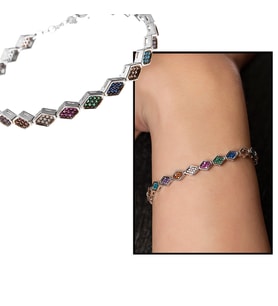 Altıgen Tasarım Multicolor Zirkon Taşlı Tam Tur 925 Ayar Gümüş Kadın Bileklik