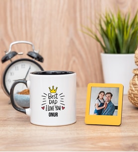 Best Dad Siyah Kupa Bardak ve Sarı Mini Fotoğraf Çerçevesi