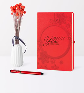 BK Gift Kişiye Özel Yılbaşı Mutlu Yıllar Temalı Kırmızı Defter Kalem Seti - 14