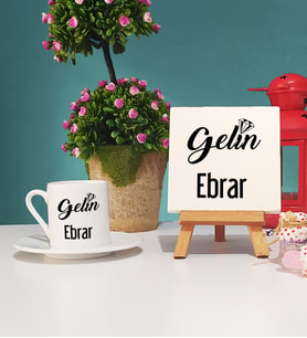 Gelin Tasarımlı Kişiye Özel Gelin Türk Kahvesi Fincanı ve Dekoratif Taş Baskı Hediye Seti