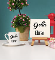 Gelin Tasarımlı Kişiye Özel Gelin Türk Kahvesi Fincanı ve Dekoratif Taş Baskı Hediye Seti
