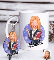 BK Gift Kişiye Özel Kadın Yönetici Karikatürlü Beyaz Kupa ve Anahtarlık Hediye Seti-1 (Model 1)