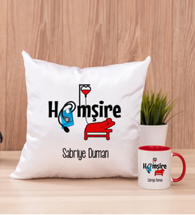 Hemşire Kare Yastık ve Kırmızı Kupa Bardak