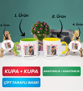 İkili Yeşil Sarı Sevgiliye Sevgililer Günü Hediyesi 12 Kupa Bardak Anahtarlık