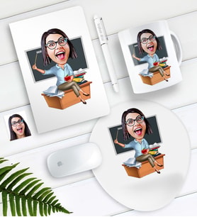 BK Gift Kişiye Özel Bayan Öğretmen Karikatürlü Defter Kalem Kupa Mouse Pad Seti-2 (Model 1)