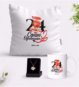 BK Gift Kişiye Özel Canım Öğretmenim Beyaz Kupa Yastık ve İsimli Papatya Kolye Hediye Seti-10 (Model 1)