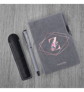 Kişiye Özel UV Baskılı Harfli Gri Defter Roller Kalem Seti