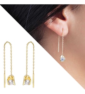 Zirkon Tektaşlı Sandviç Tasarım Gold Renk 925 Ayar Gümüş Sallantılı Küpe (Çok Renkli)