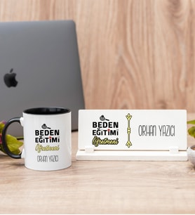 Beden Eğitimi Öğretmeni Siyah Kupa Bardak Ve Masa İsimliği Hediye Seti