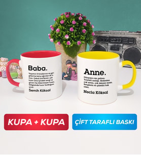 İkili Kişiye Özel Baba ve Anne Kupa Bardak Kırmızı Sarı